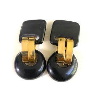 GERDA LYNGGAARD MONIES 80S VTG HEAVY EBONY HORN 3.5" DANGLE HUGE RUNWAY EARRINGS